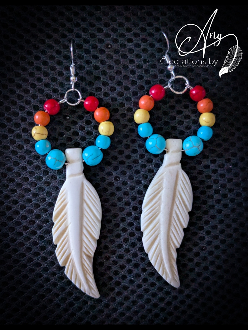 Native American Large Bone Carved Feather With Multicolor Beads Earrings
